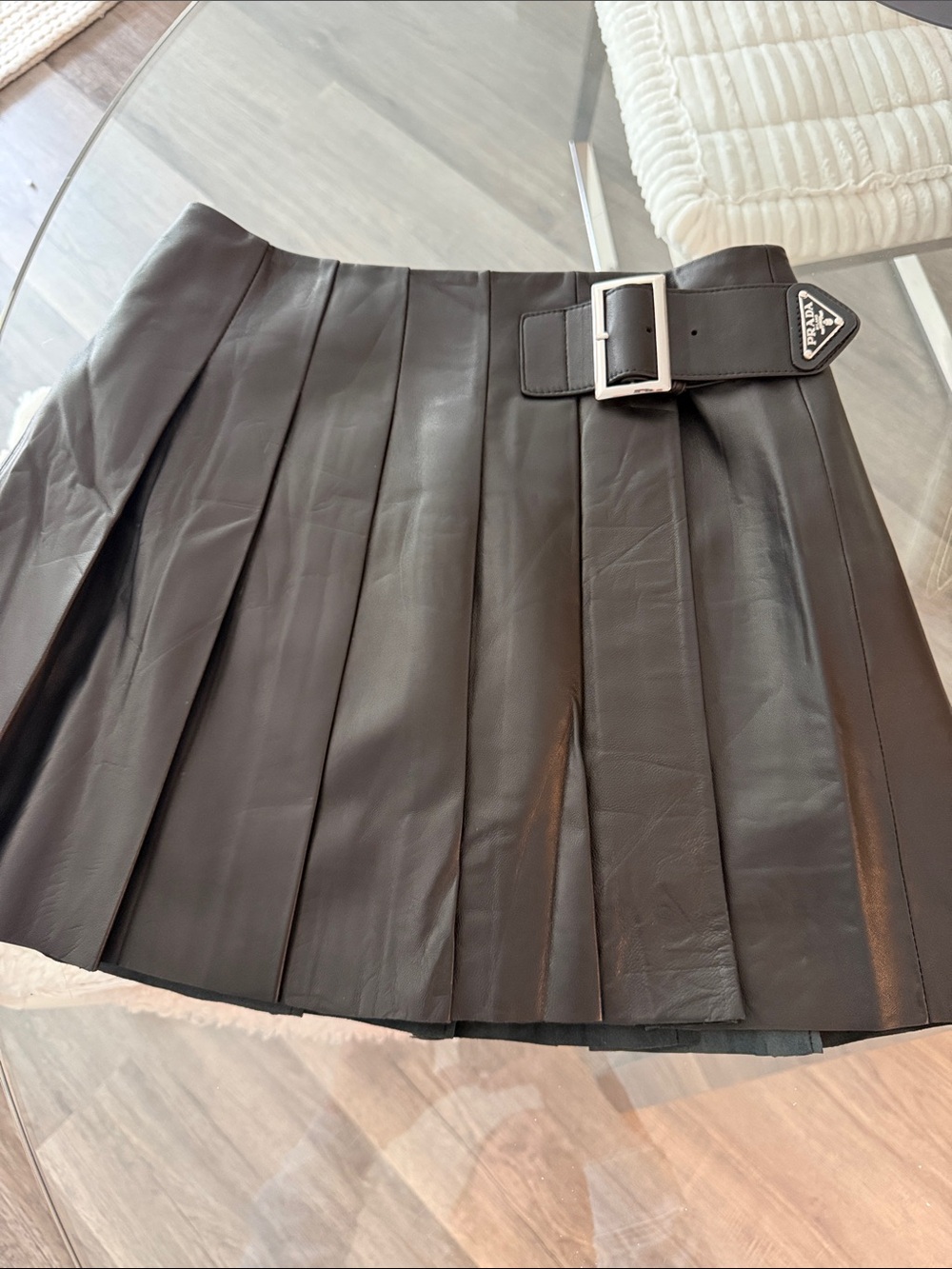 Prada Black Pleated Leather Mini Skirt with Logo Buckle